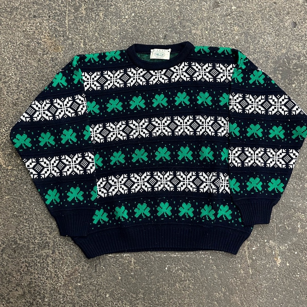Blarney Woolen Mills Shamrock Sweater Made In Ireland Green Blue Size Large VTG